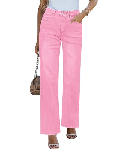 Rfm Jeans - GRAPENT Straight Leg Jeans for Women High Waisted Stretchy Frayed Raw Hem Loose Denim Pants Casual Baggy Jean Trousers Gossamer Pink