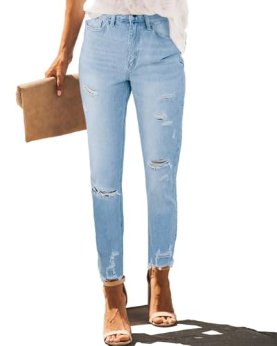 Rfm Jeans - Allimy Womens High Rise Skinny Stretch Ripped Jeans High Waisted Destroyed Denim Pants Blue-8