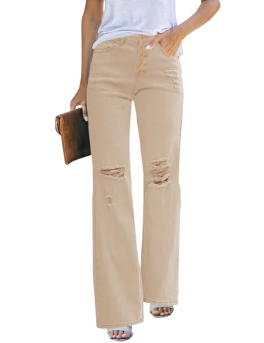 Rfm Jeans - LookbookStore High Waisted Ripped Flare Jeans for Women Distressed Bell Bottom Jeans Wide Leg Pants Desert Sand