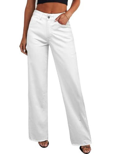 Mom Jeans - Sidefeel Womens Wide Leg Jeans High Waisted Strechy Raw Hem Denim Pants White