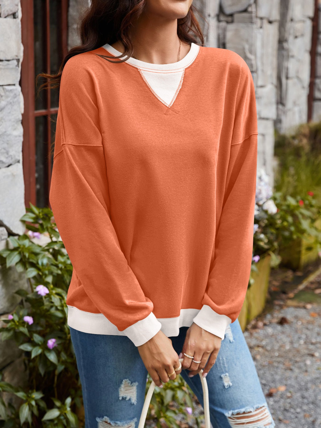 Women's Contrast Long Sleeve Sweatshirt Burnt Coral