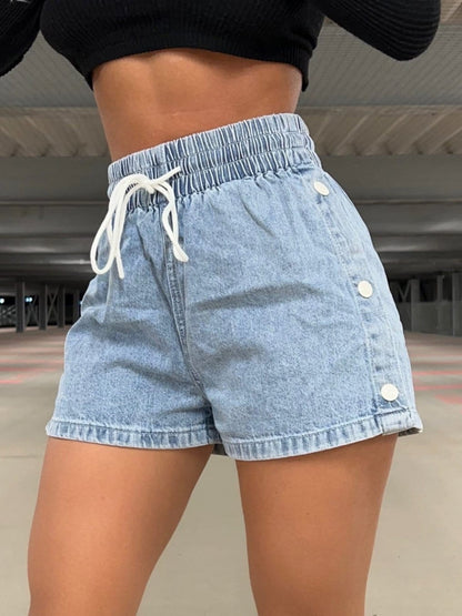 Drawstring High Waist Denim Shorts Light