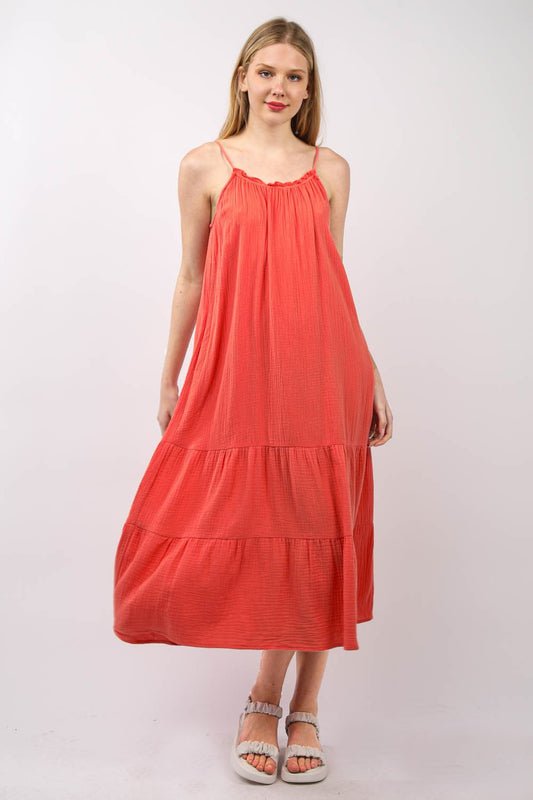 Tiered Ruffle Midi Dress Coral