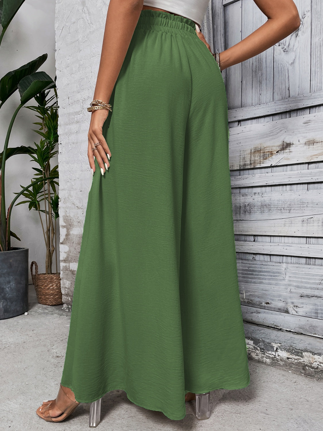 Tied High Waist Wide Leg Pants Matcha Green