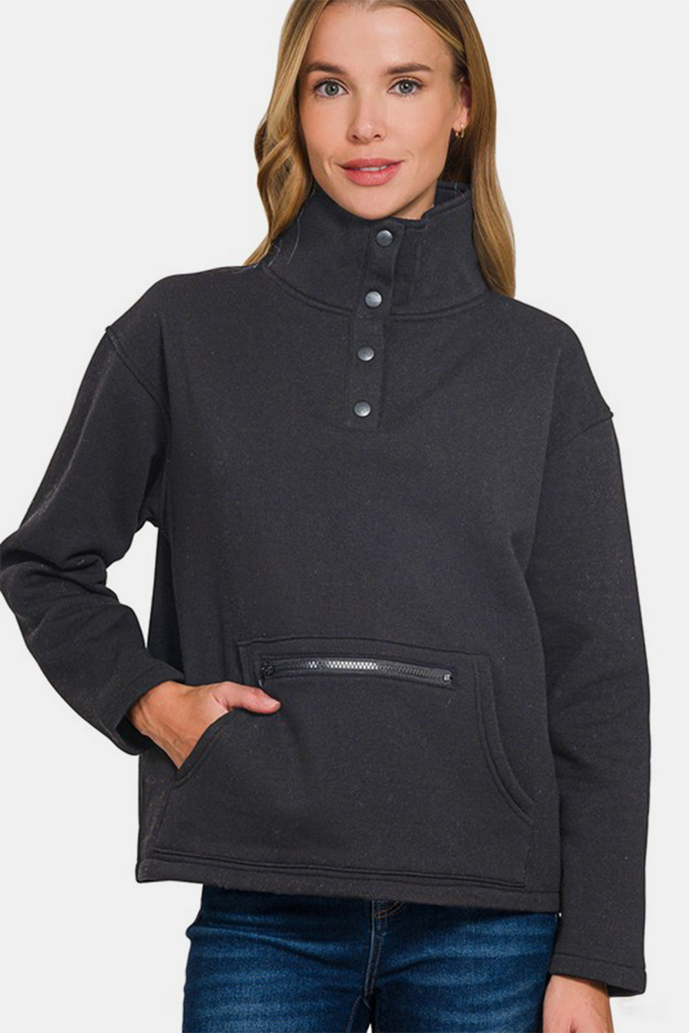 Zenana Turtleneck Half Snap Fleece Sweatshirt Black