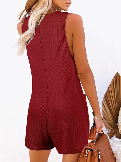 Button Front Sleeveless Romper with Pockets