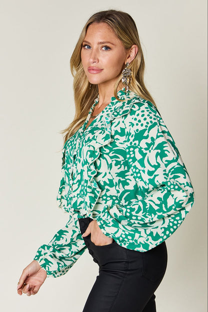 Printed Ruffle Balloon Sleeve Button-Down Top