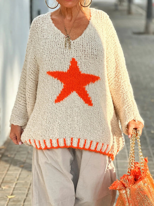 Star V-Neck Long Sleeve Oversize Sweater Orange