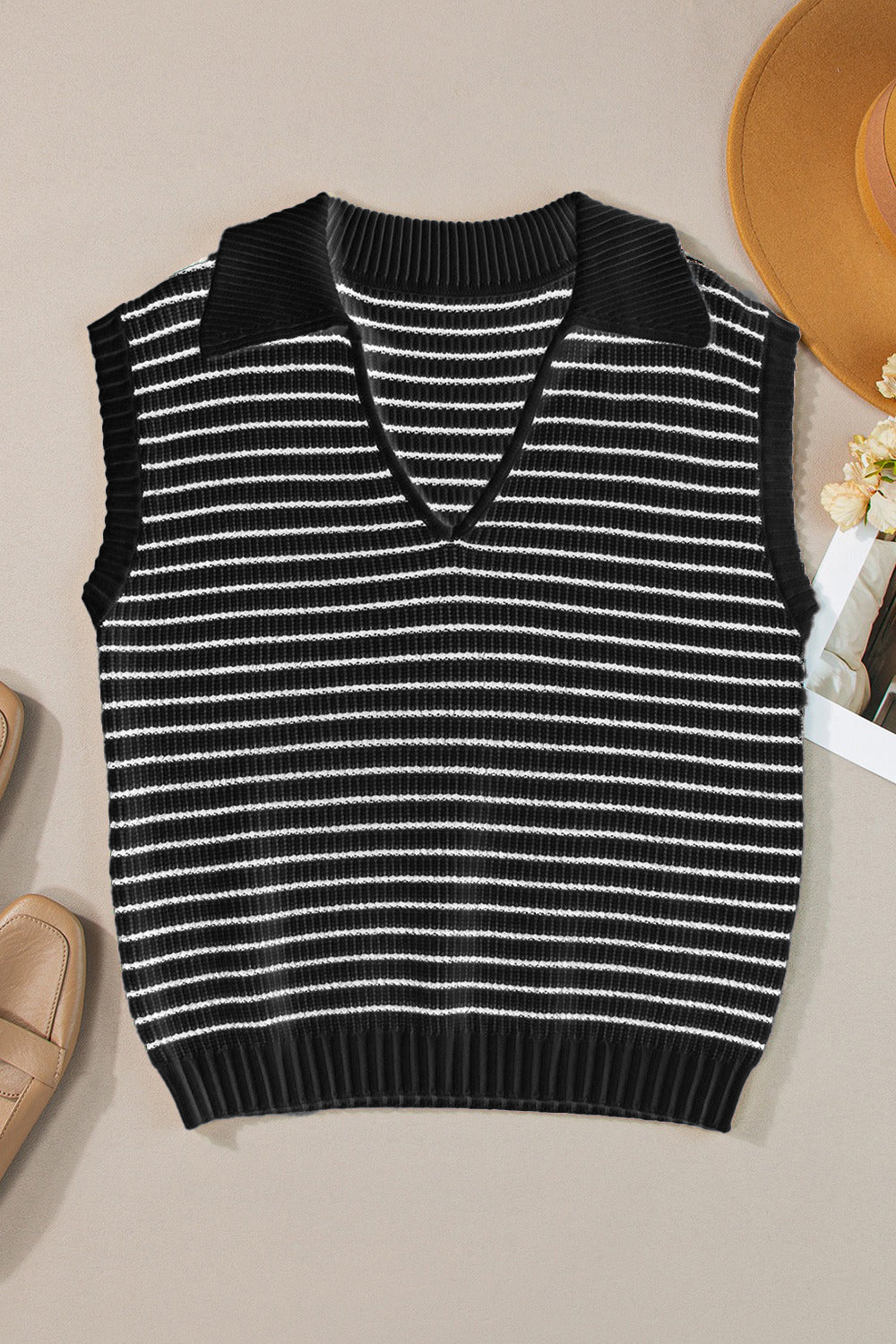 Striped Collared Neck Tank Black