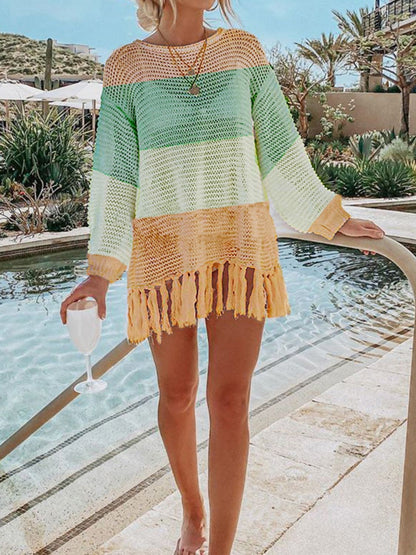 Boho Openwork Tassel Hem Knit Kimono