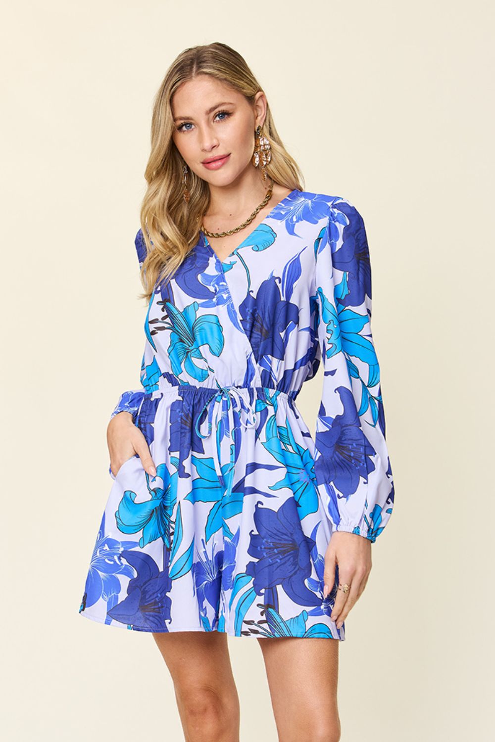 Floral Long Sleeve Romper with Pockets Ultra marine