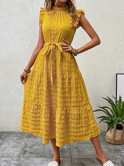 Tied Ruffled Cap Sleeve Midi Dress Gold