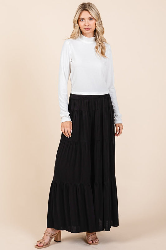 Mittoshop Tier Detail Smocked Elastic Waist Wide Leg Pants Black