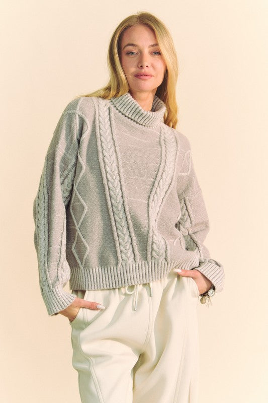 Davi & Dani Cable-Knit Turtleneck Dropped Shoulder Sweater Gray