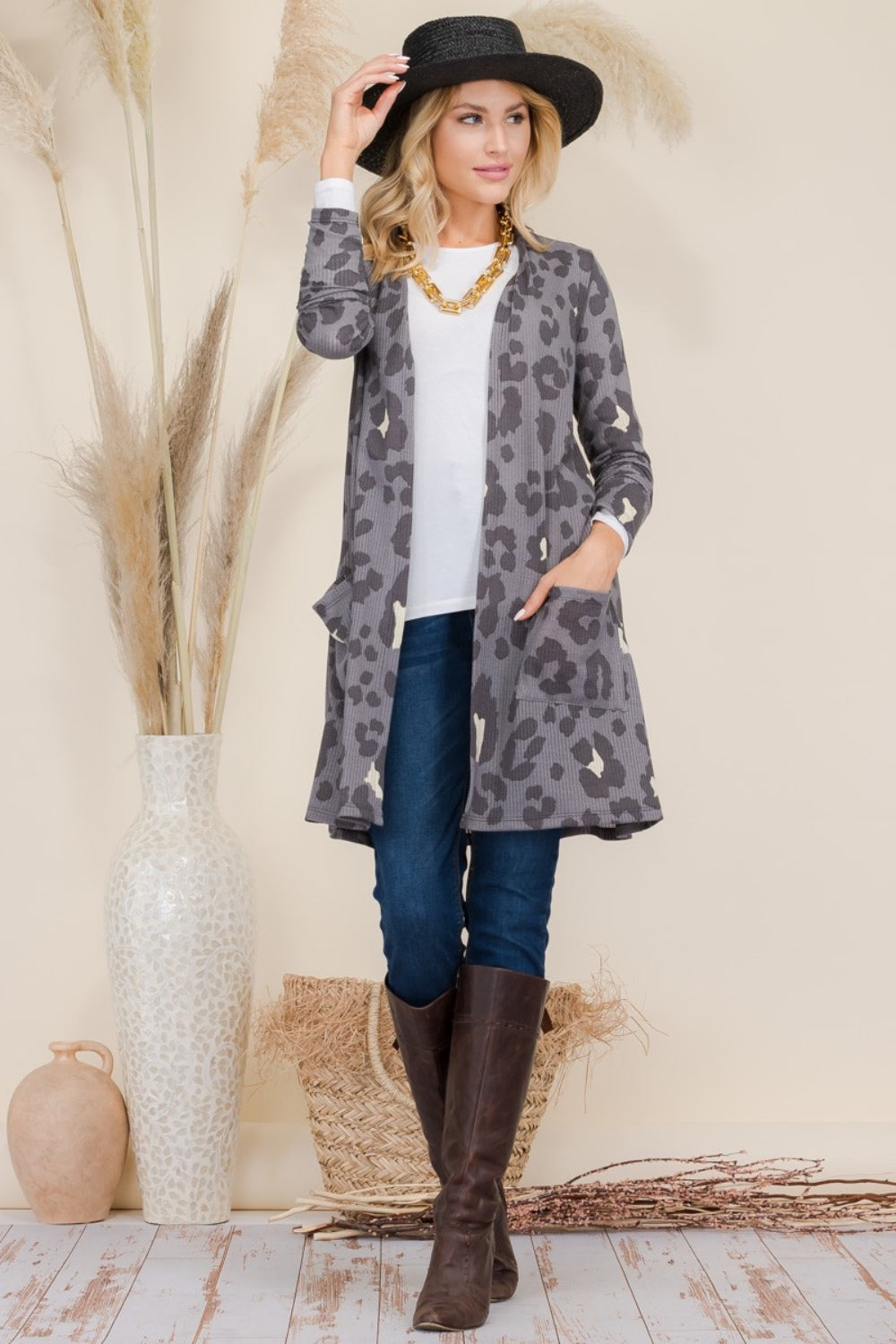 Celeste Full Size Leopard Open Front Contrast Cardigan Grey Leopard