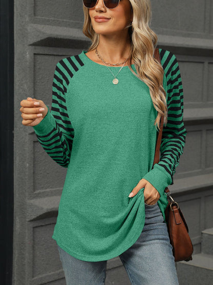 Striped Round Neck Long Sleeve T-Shirt Dark Green