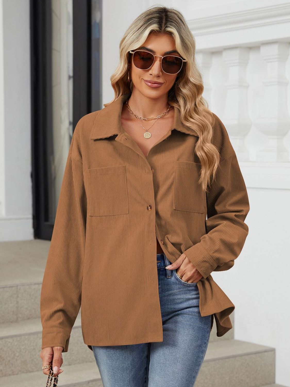 Button Up Dropped Shoulder Long Sleeve Outerwear Caramel