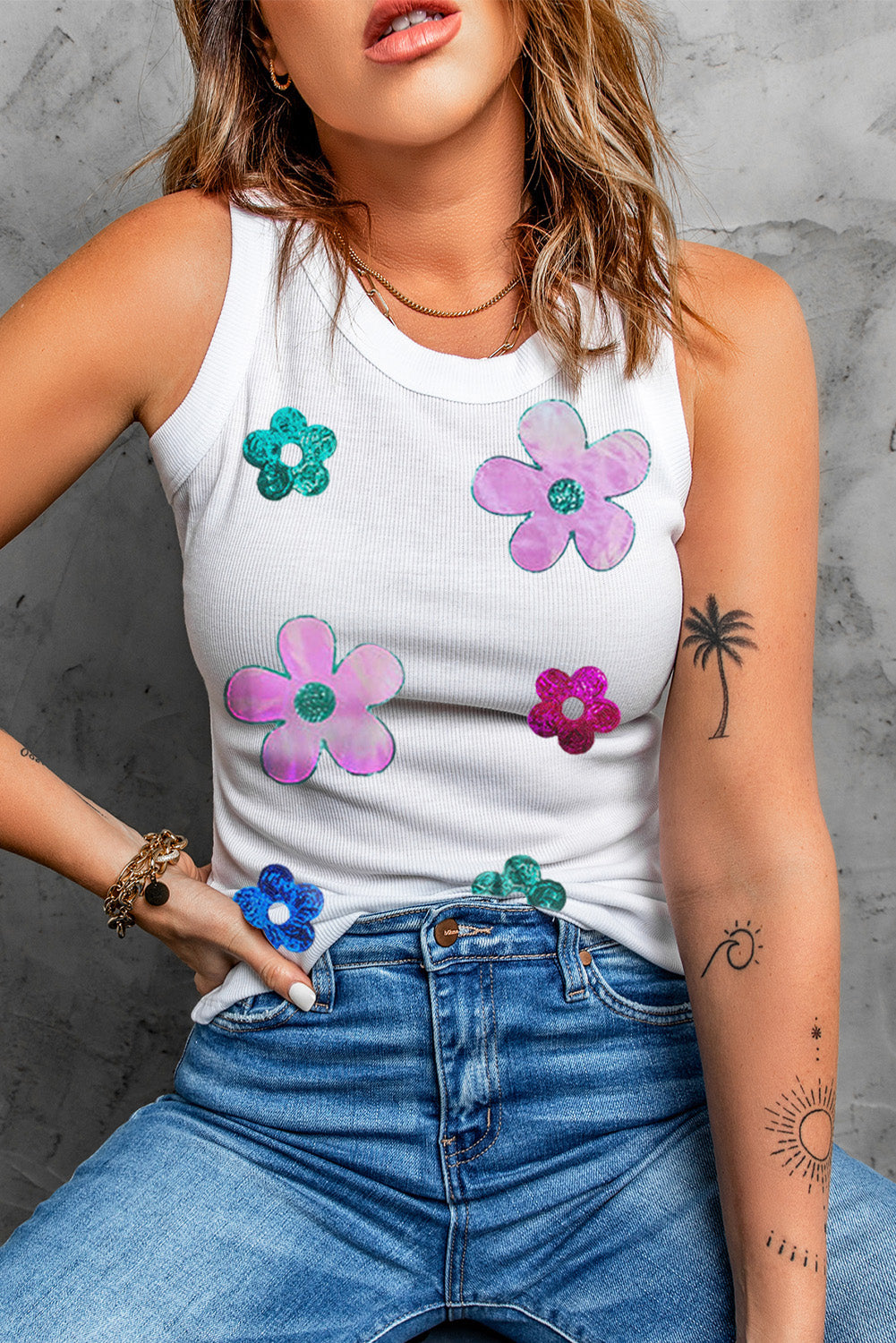 Sequin Flower Round Neck Tank