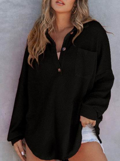 Cozy Waffle Knit Back-to-School Sweatshirt Black