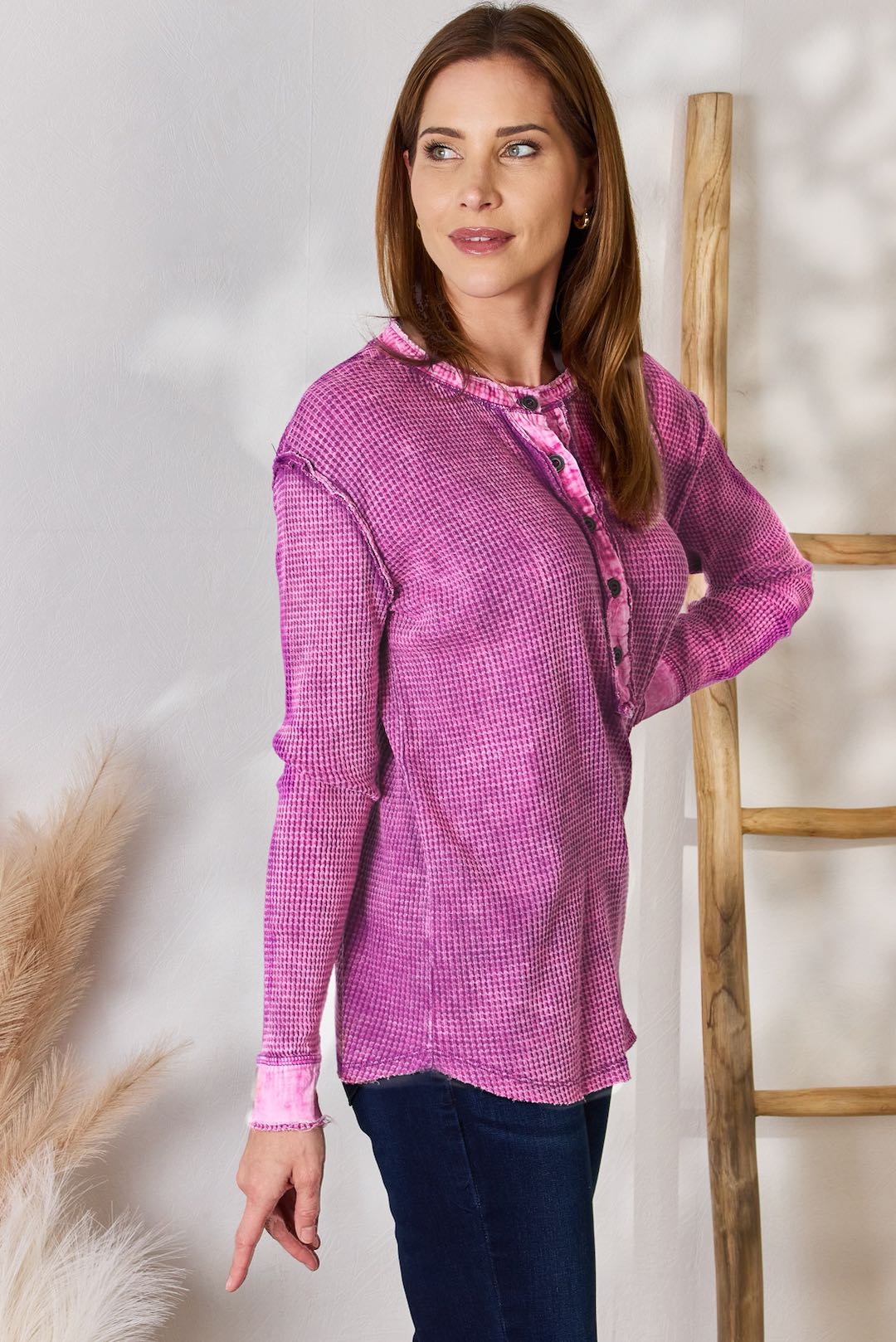 Zenana Washed Half Button Exposed Seam Waffle Top