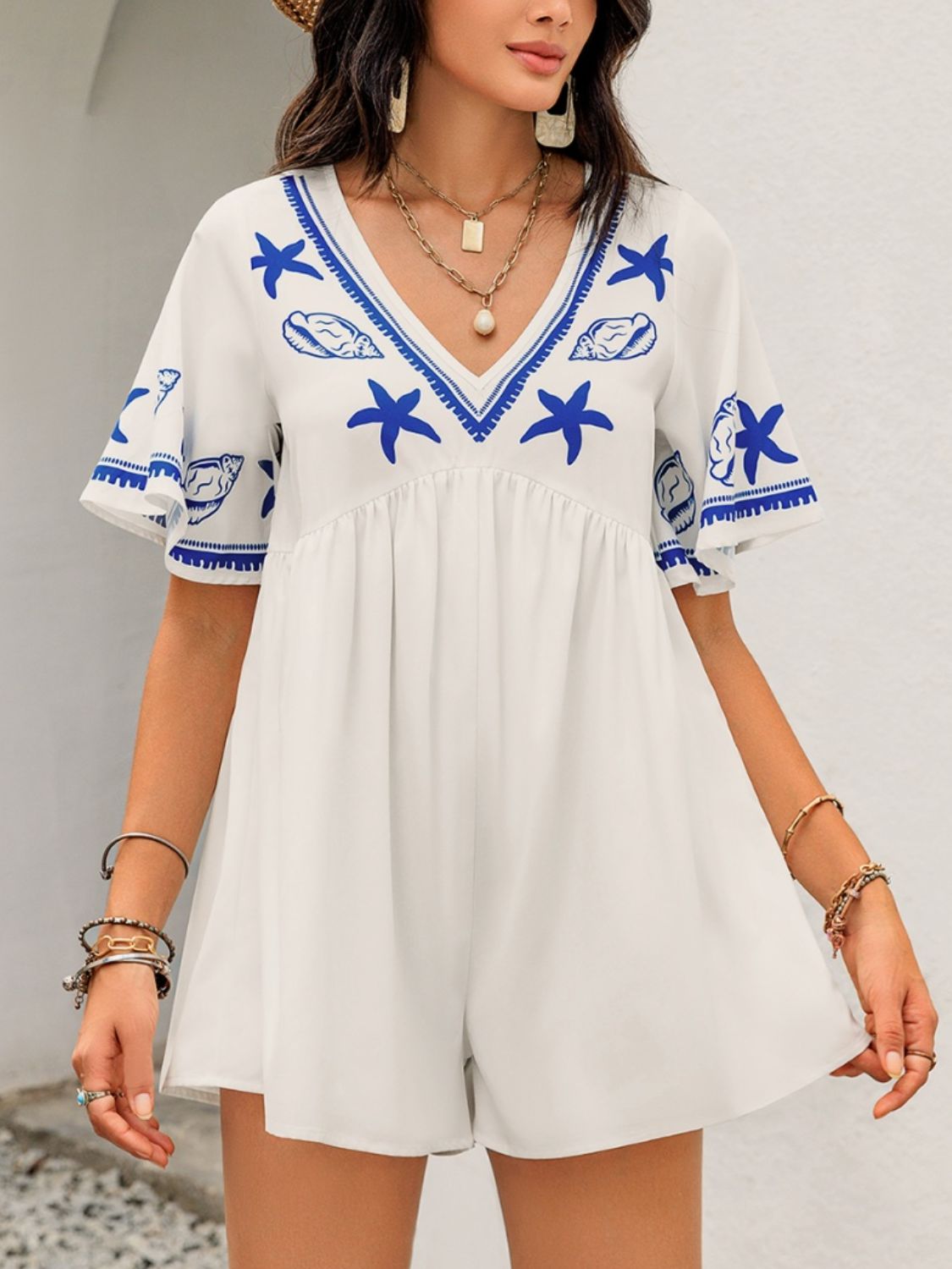 Printed V-Neck Half Sleeve Romper Cream