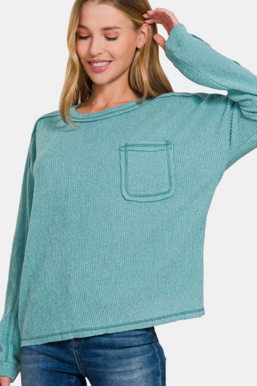 Zenana Full Size Contrast Stitching Brushed Ribbed Hacci Knit Top Plu Size Teal