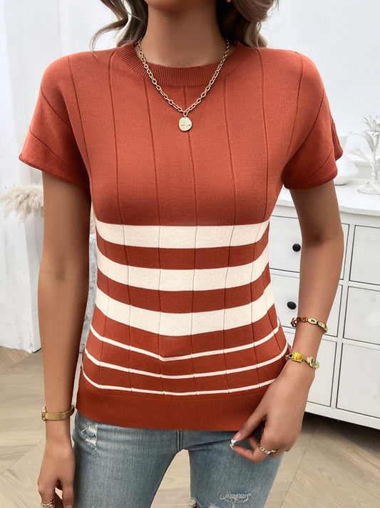Striped Round Neck Short Sleeve Knit Top Orange-Red