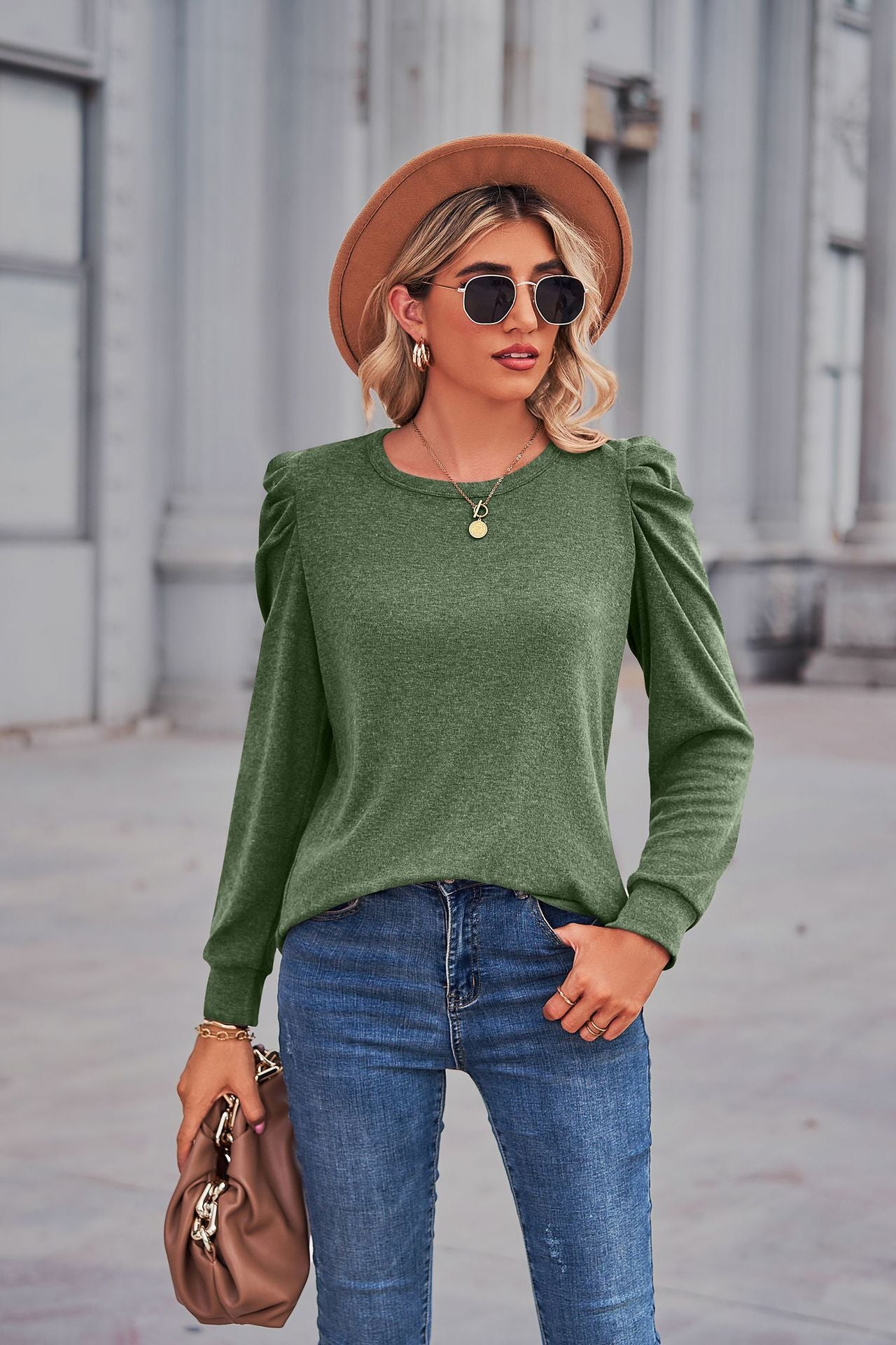 Heathered Puff Sleeve Round Neck Tunic Top Army Green