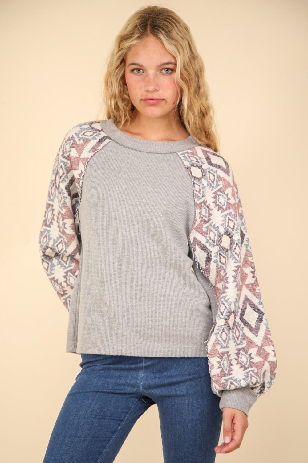 VERY J Printed Long Sleeve Round Neck Knit Top H Grey