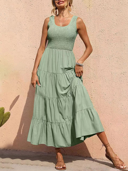 Smocked Tiered Midi Dress with Wide Straps Gum Leaf