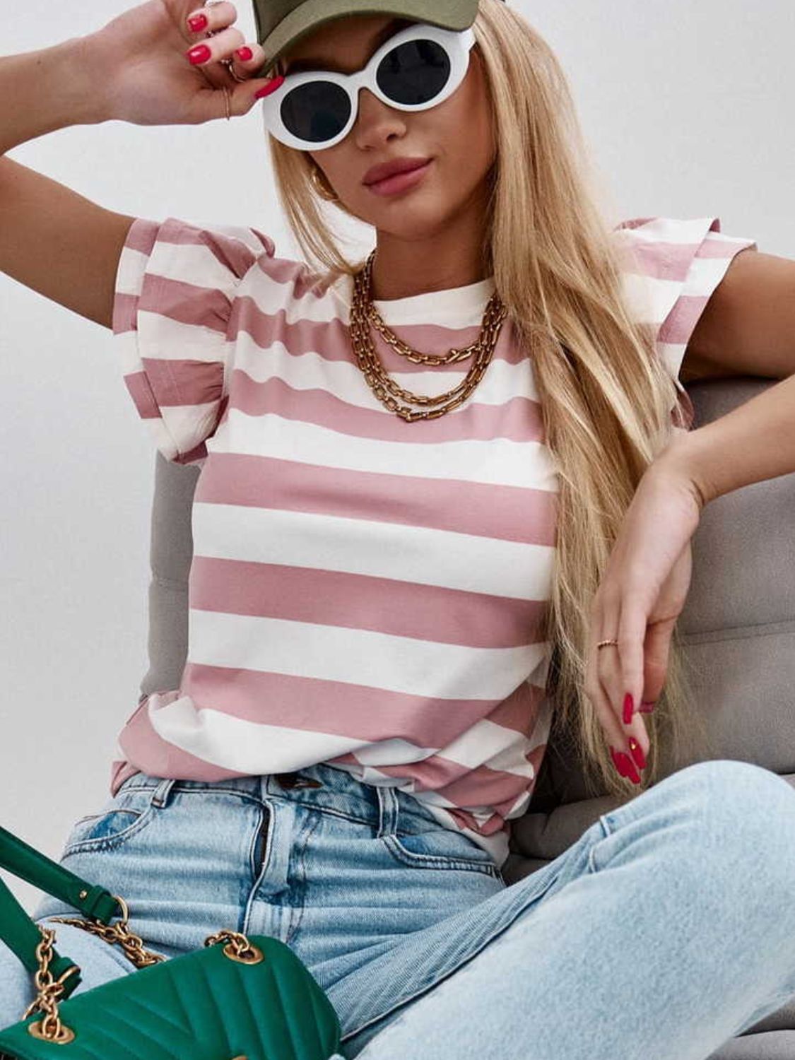 Full Size Striped Round Neck Cap Sleeve T-Shirt Pale Blush