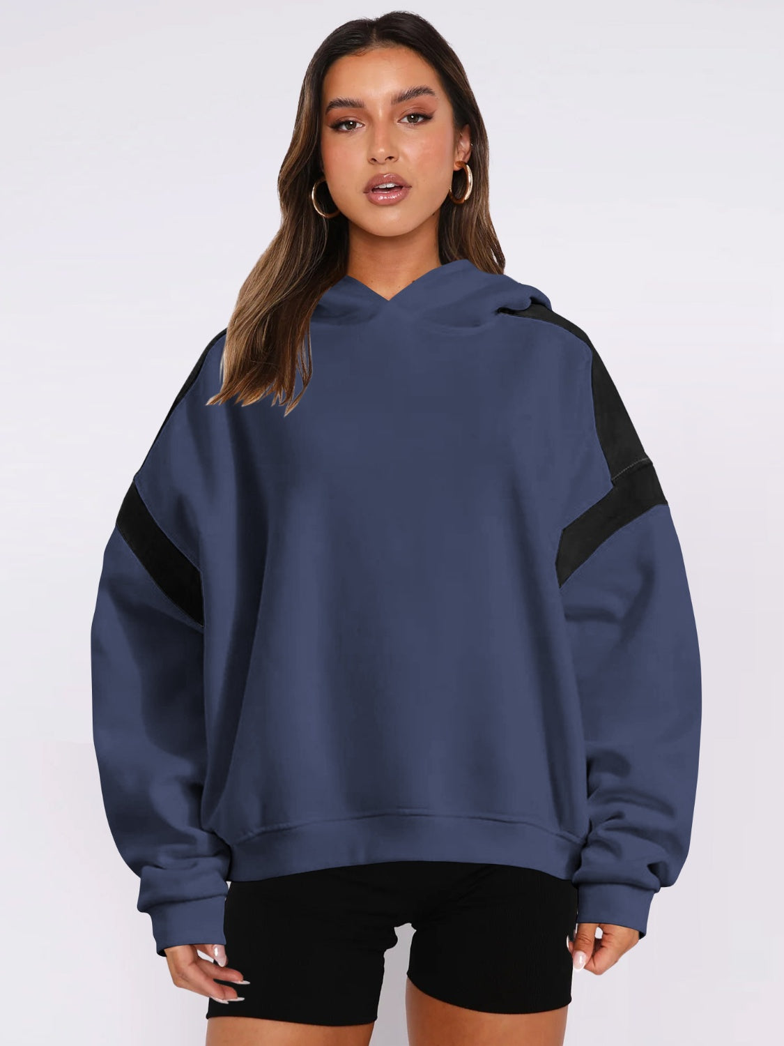 Contrast Dropped Shoulder Long Sleeve Hoodie Peacock Blue