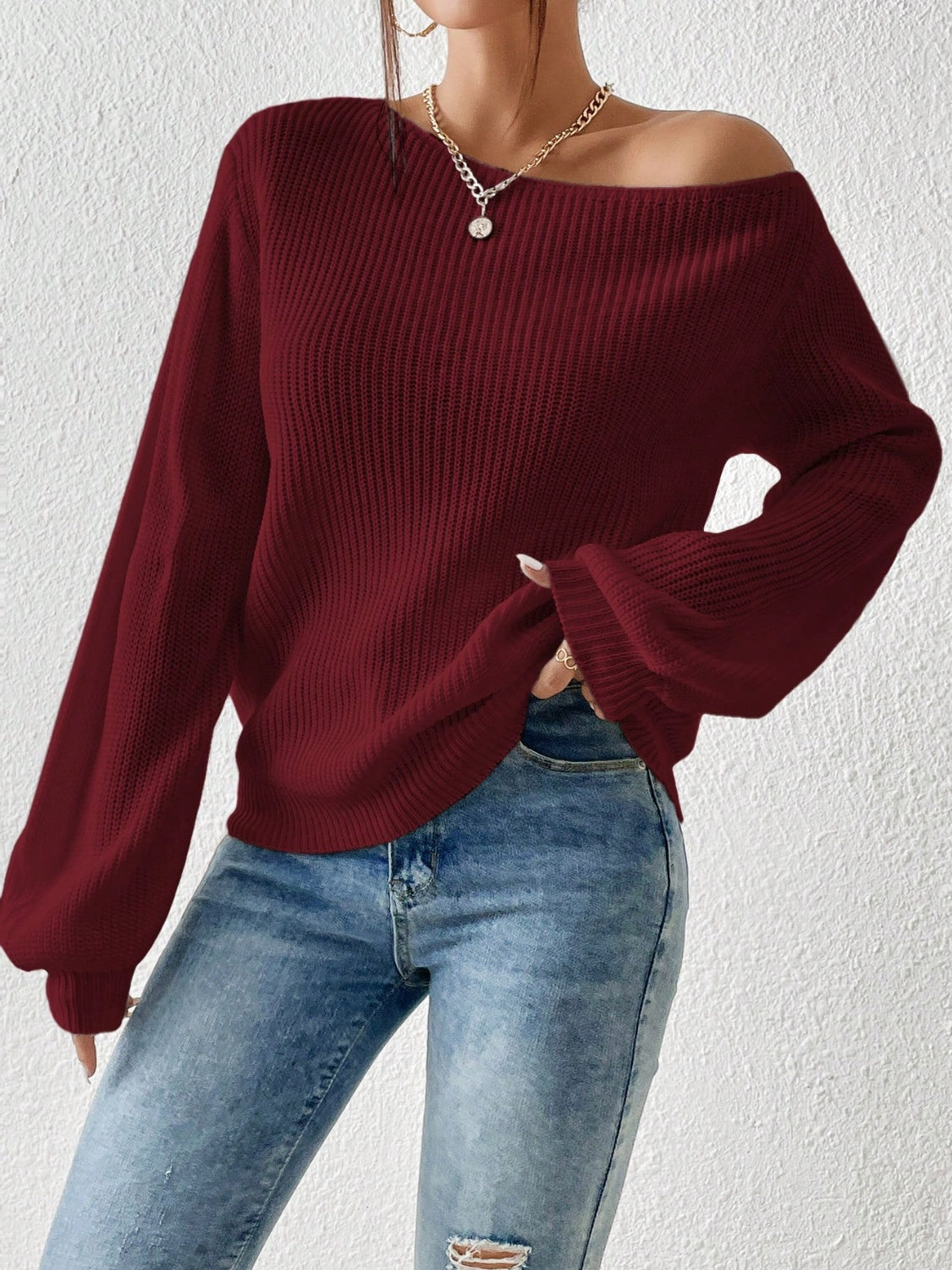 Honey Single Shoulder Long Sleeve Sweater Burgundy