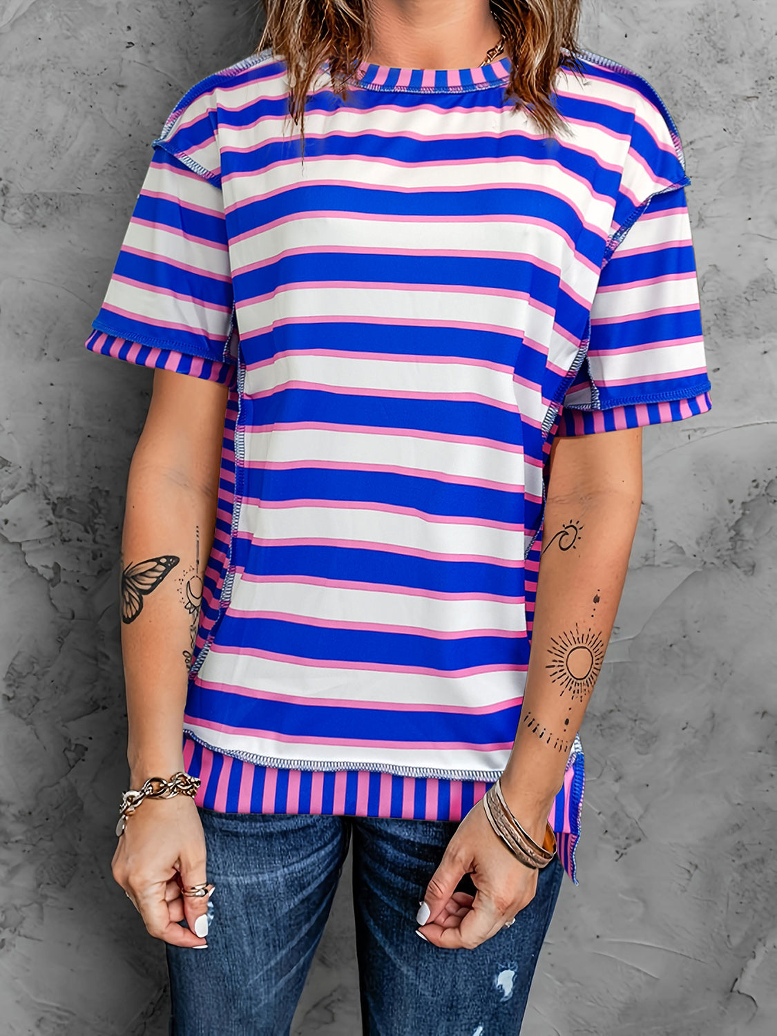 Full Size Contrast Stitching Striped Round Neck T-Shirt Heliotrope Purple