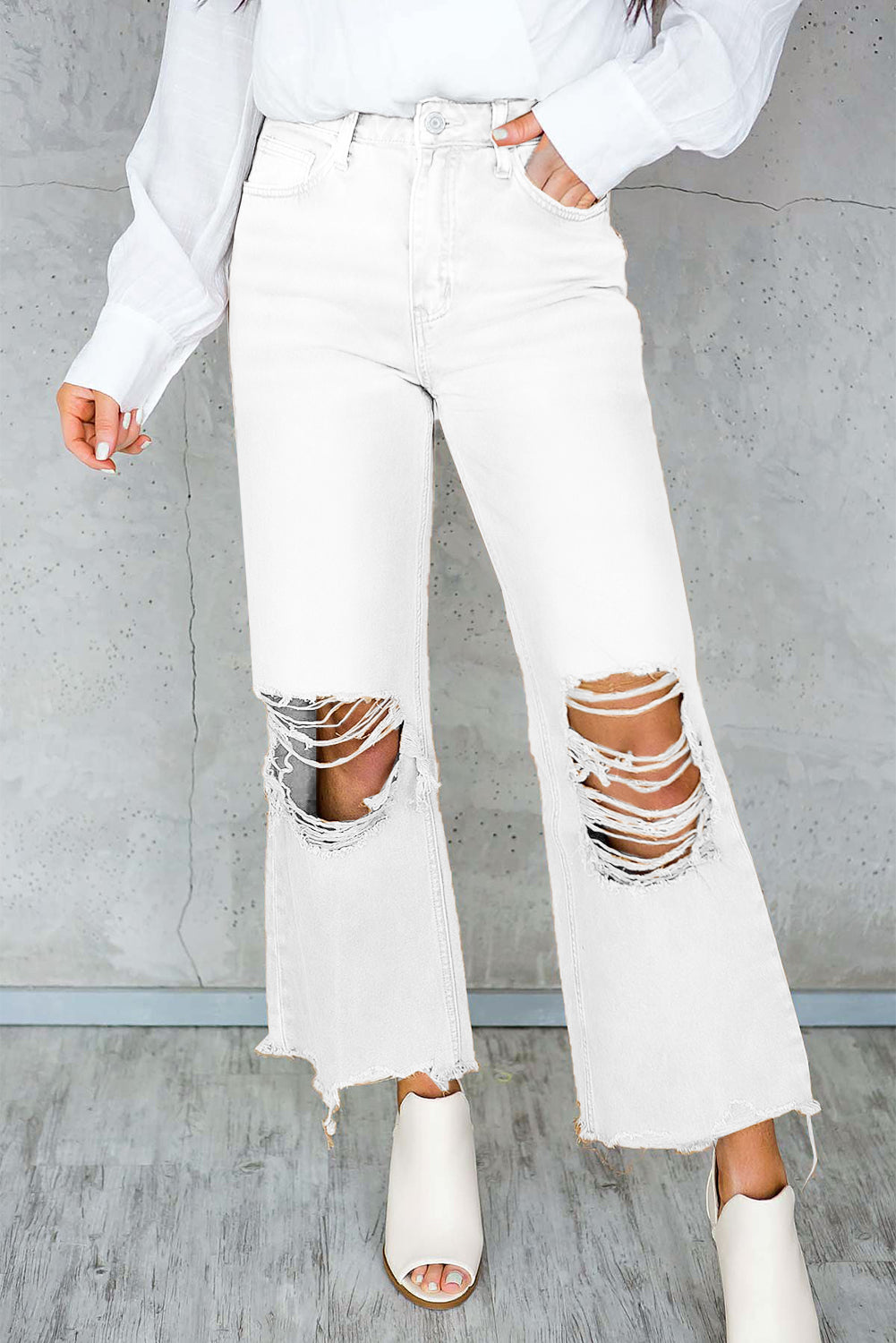 Distressed Raw Hem Jeans with Pockets White