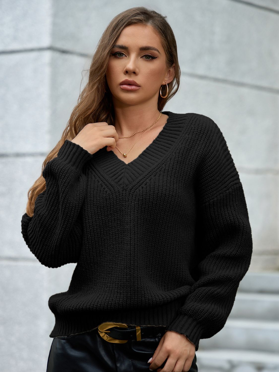 V-Neck Dropped Shoulder Long Sleeve Sweater Black