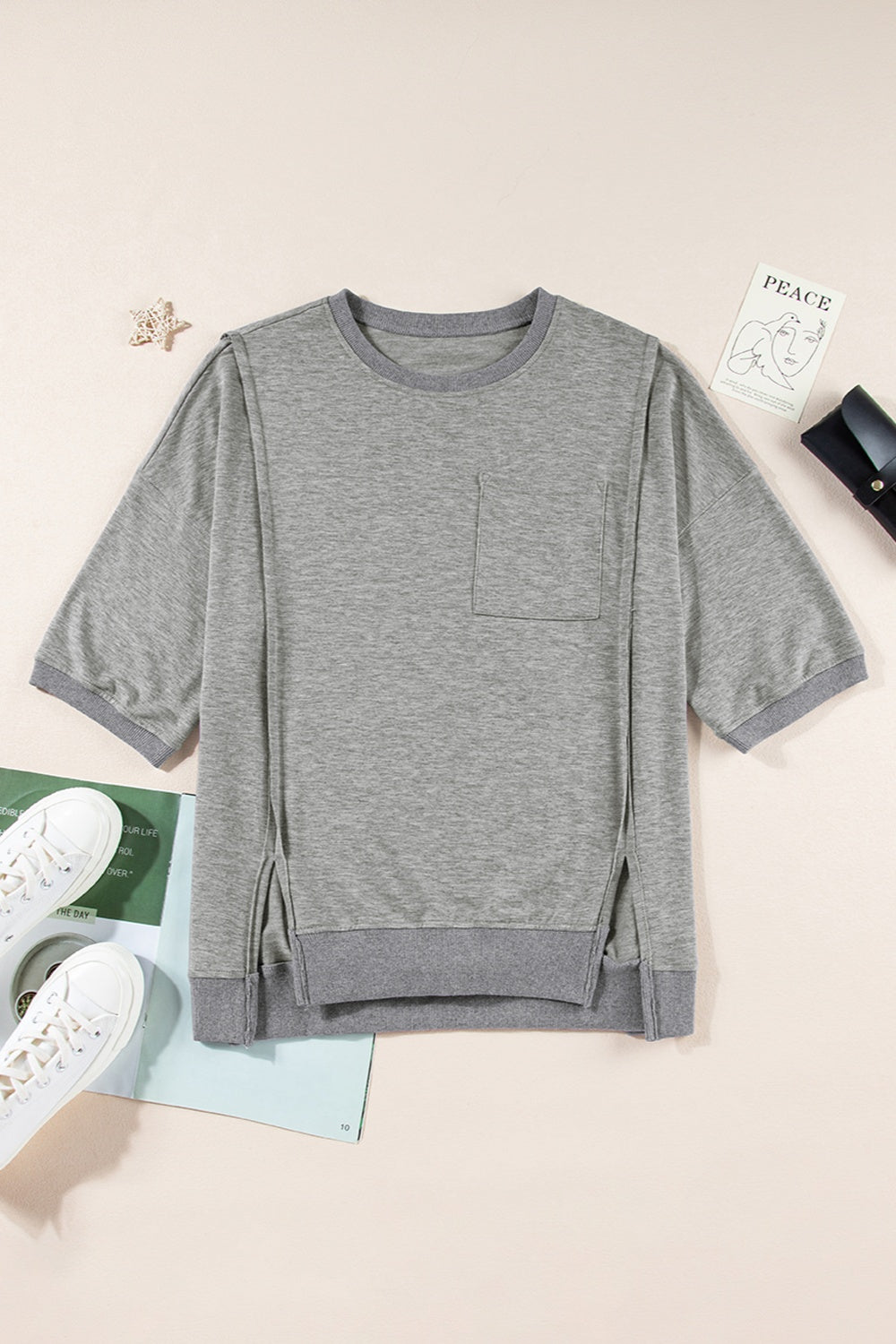 Round Neck Half Sleeve Slit T-Shirt Dark Gray