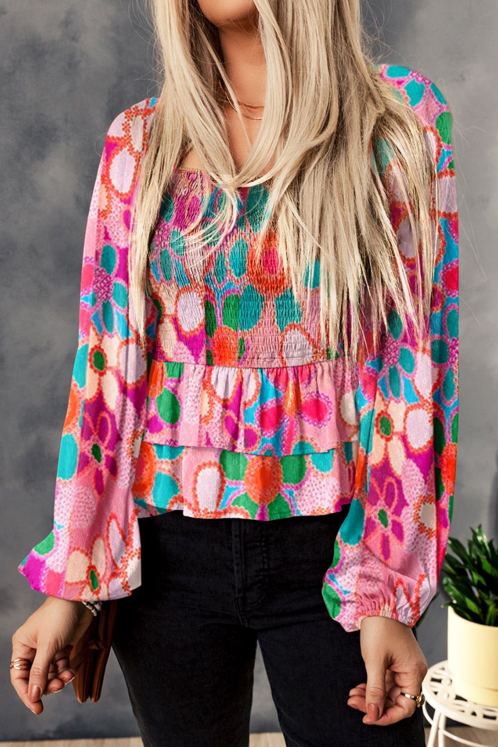 Floral Smocked Ruffled Balloon Sleeve Blouse Multicolor