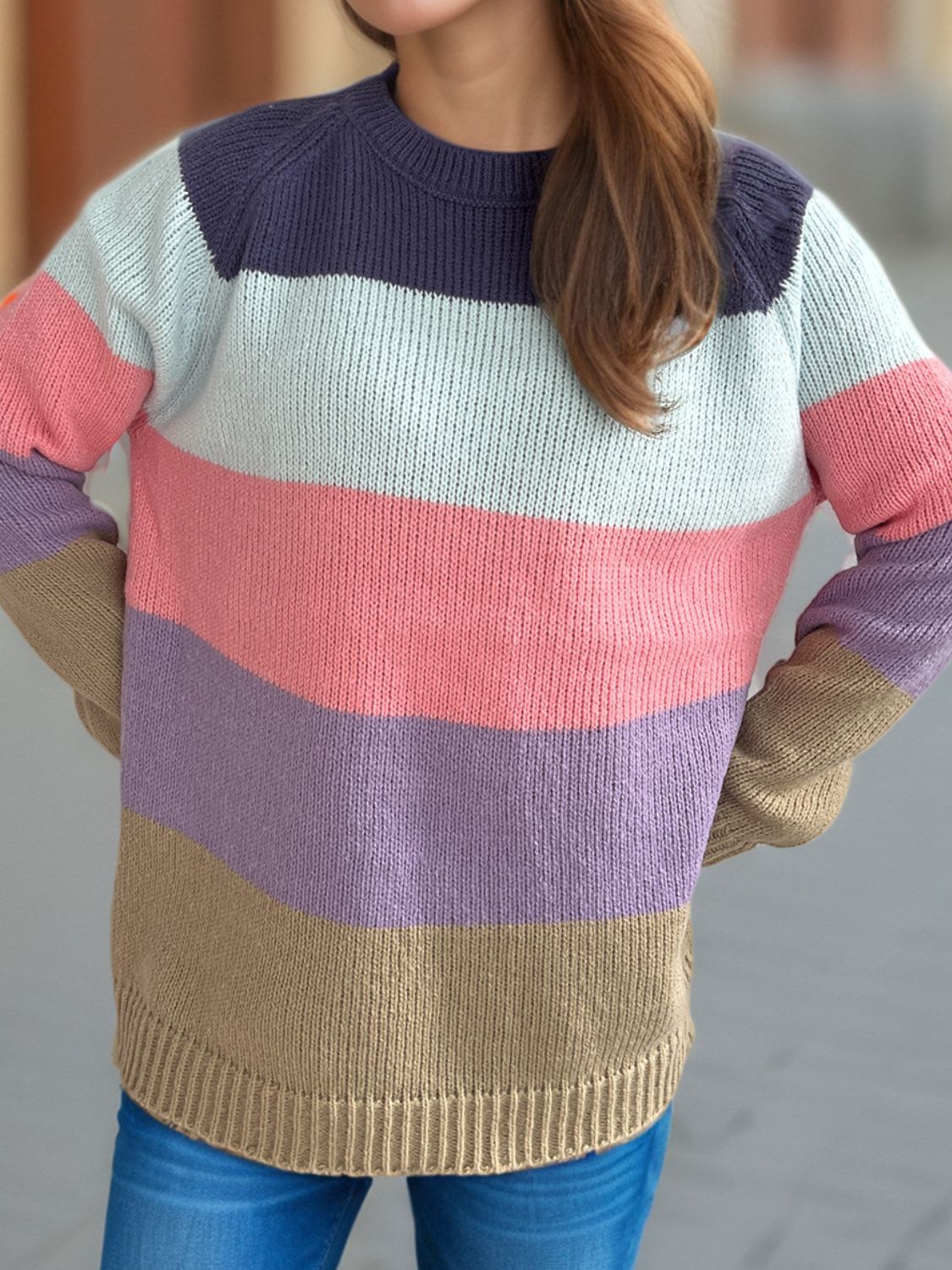 Color Block Round Neck Long Sleeve Sweater