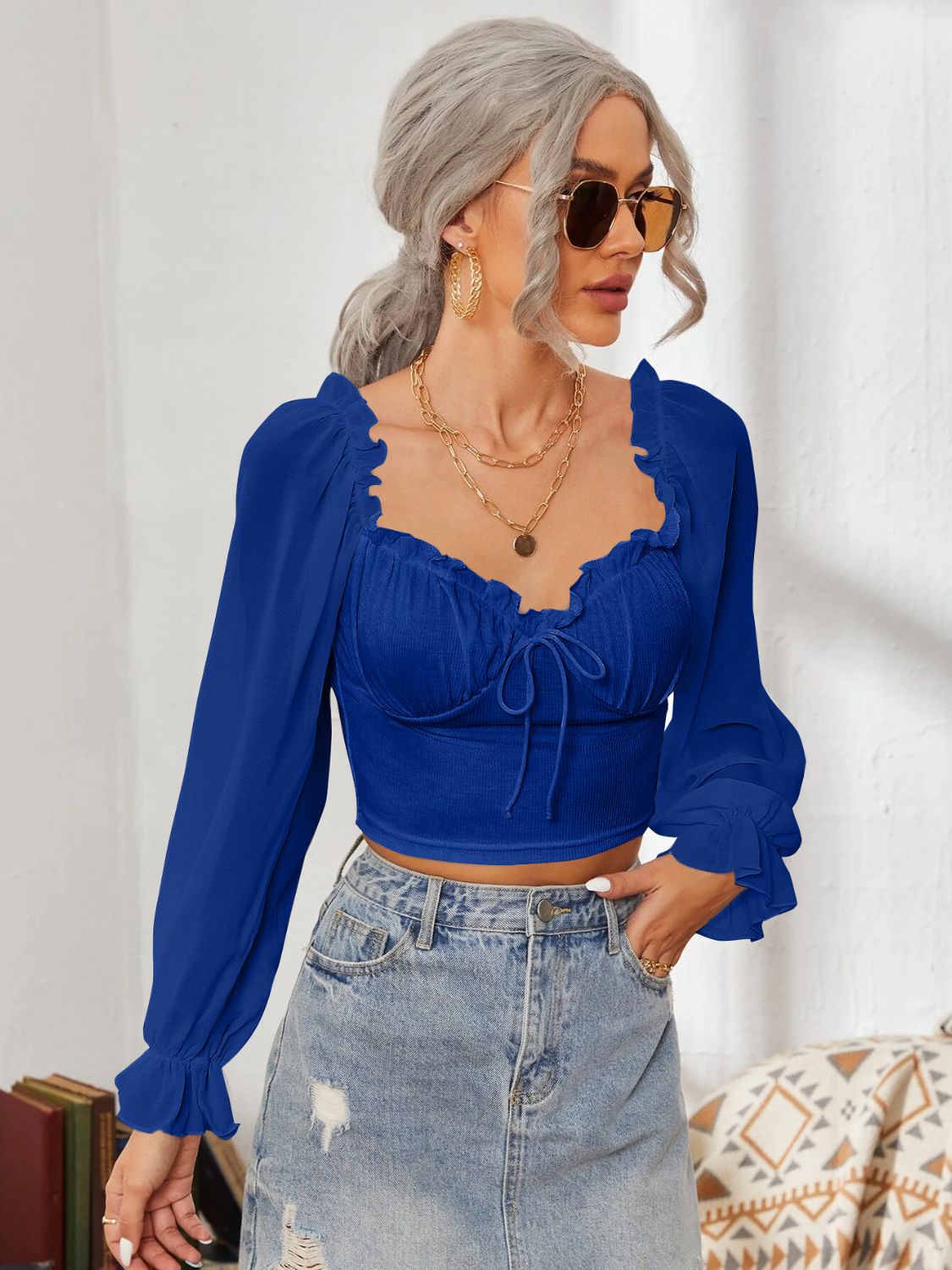 Mesh Sweetheart Neck Flounce Sleeve Top Royal Blue