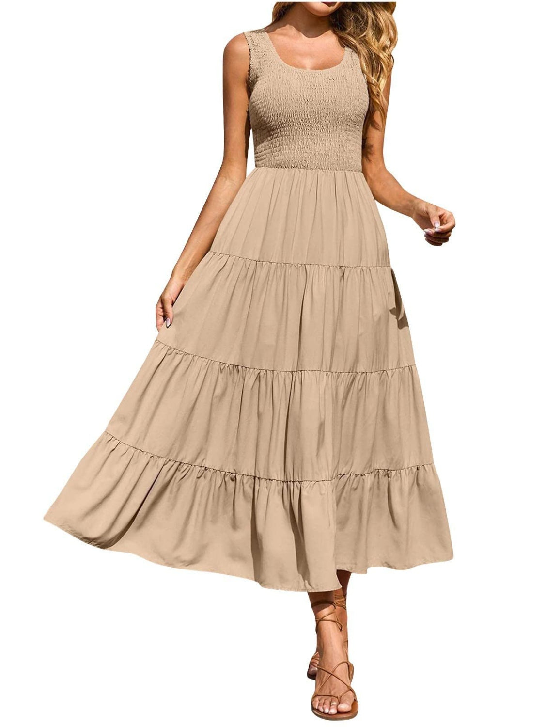 Smocked Tiered Midi Dress with Wide Straps