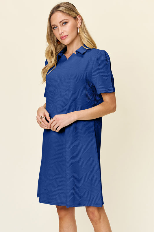 Textured Collared Short Sleeve Dress Royal Blue