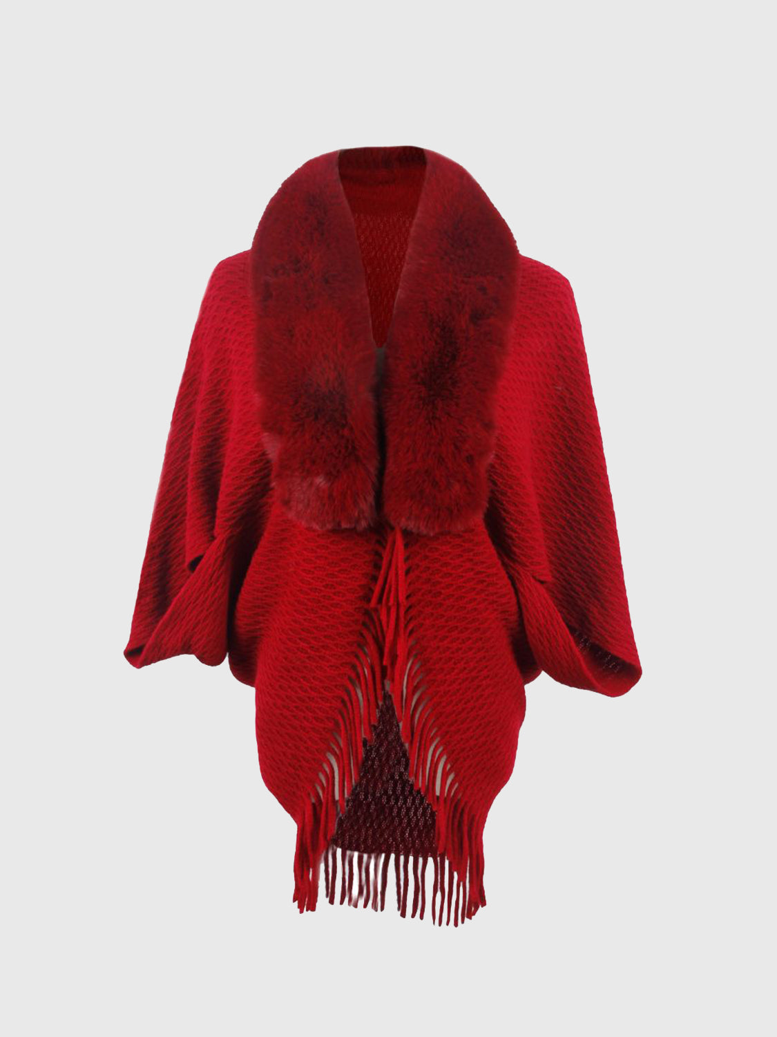 Open Front Fringe Hem Poncho Deep Red One Size