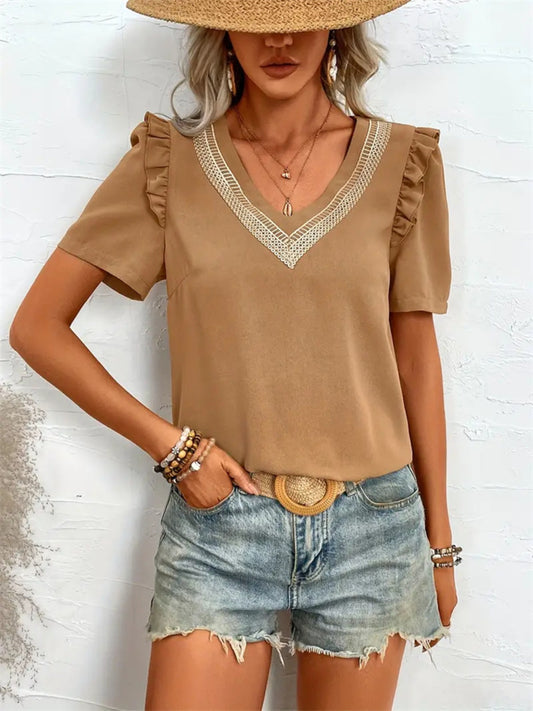 Ruffled V-Neck Short Sleeve Blouse Camel