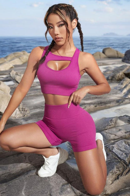 Cutout Crop Top and Sports Shorts Set Red-Violet