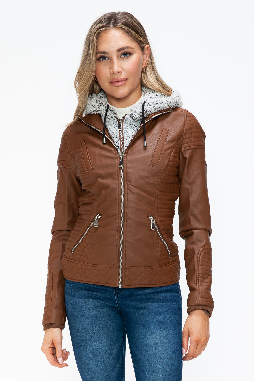 YMI Faux Layered Double-Zipper Jacket with Fuzzy Hood Rust