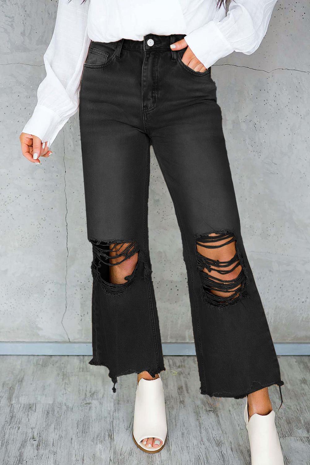 Distressed Raw Hem Jeans with Pockets Black