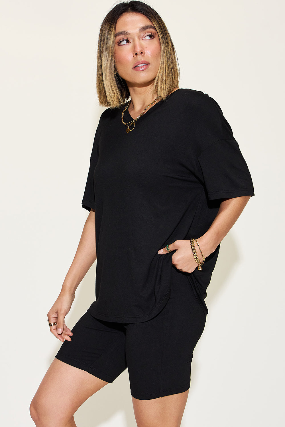 Relaxed Fit Rayon V-Neck Tee & Shorts Set Black