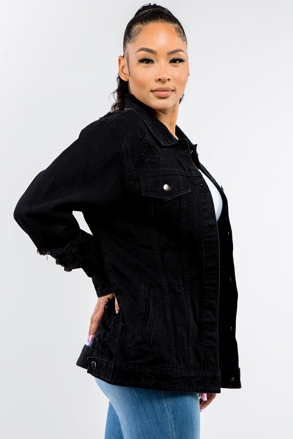 Women's Distressed Denim Button-Up Jacket