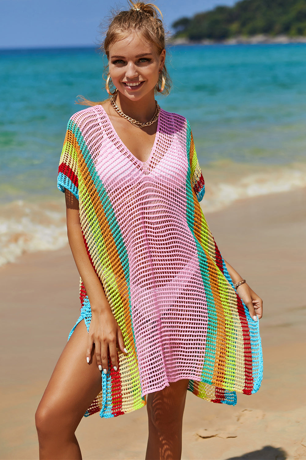 Lightweight Openwork Striped Knit Beach Cover-Up Blush Pink One Size